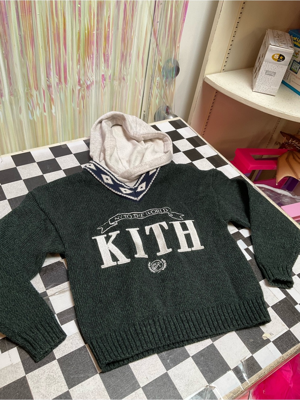 KITH Dark Green Knit Hoodie Sweater with Cream Hood